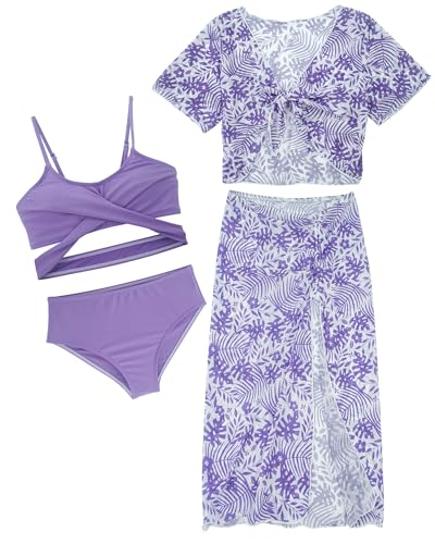 Mädchen Bademode 4Pcs Bikini Set Criss Cross Tank Tops mit Boyshorts Bedruckte Tankini Badekostüm Sommer Bademode Badeanzug Lila 12 Jahre von Panegy