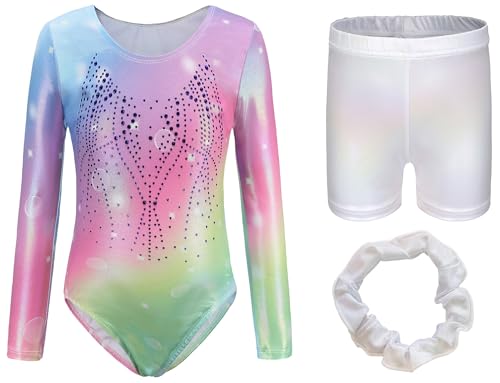 Mädchen Gymnastik Trikots Kinder Tanz Biketards Shorts Glänzend Bunt Tanzkleidung Unitards Langarm Athletic Bodysuit Activewear Stretchy Outfit Regenbogen von Panegy