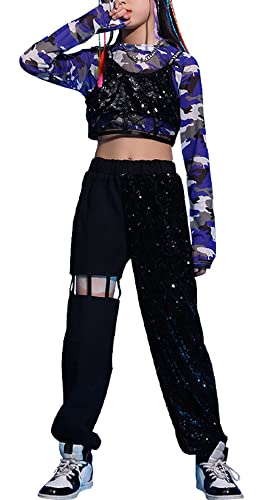 Mädchen Hip Hop Street Kleidung Set Tanzsport Street Dance Performance Outfit Hip Hop Tanzkleidung Kinder Jazz Dance Kleidung Set Modern Pailletten Tanzkleidung Juwel Blau Alter 8-9 Jahre von Panegy