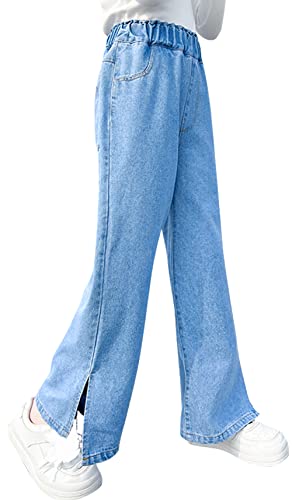 Mädchen Jeans Split Hew Jeans für Kinder Straight Leg Jeans mit Tasche Causal Stylish Trousers Elastic Waist Wide Leg Loose Trousers Blau 4X Large von Panegy