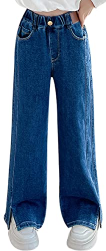 Mädchen Jeans Split Hew Jeans für Kinder Straight Leg Jeans mit Tasche Causal Stylish Trousers Elastic Waist Wide Leg Loose Trousers Blau X Large von Panegy