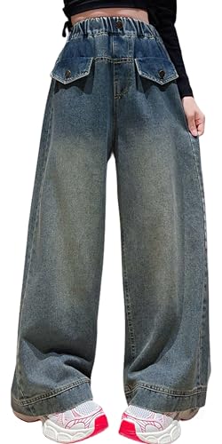 Mädchen Jeans mit weitem Bein Baggy Elastic Waist Casual Denim Pants mit Taschen Loose Fashion Cargo Jeans Pants Ripped Washed Trousers Blau 8-9 Jahre von Panegy