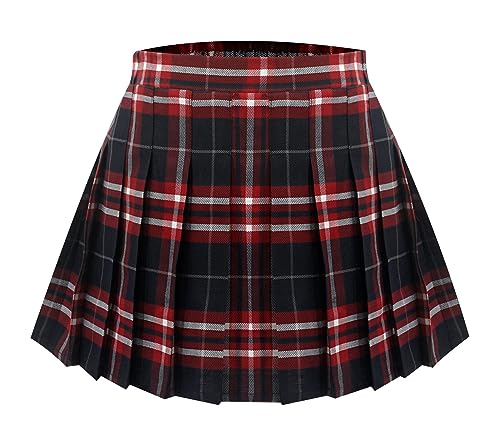 Mädchen Schuluniform Schottenrock mit Innenhose Halbe elastische Taille A Line Skater Schulkleidung Soft A Line Mini Skort Flowy Box Karo Formelles Kleid Rot Kariert von Panegy