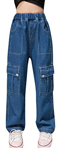 Mädchen Sweatpants Grunge Vintage Cargo Denim Hosen y2k High Rise Baggy Straight Leg Boyfriend Trouser Elastic Waist Wide Leg Parachute Pants with Multi Pockets Blau 13-14Jahre von Panegy