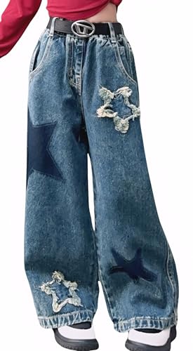 Mädchen Wide Leg Jeans mit Taschen Vintage Cargo Hosen High Rise Basic Skinny Washed Hosen Lose Baggy Retro Pentagram Jeans Blau 12-13 Jahre von Panegy