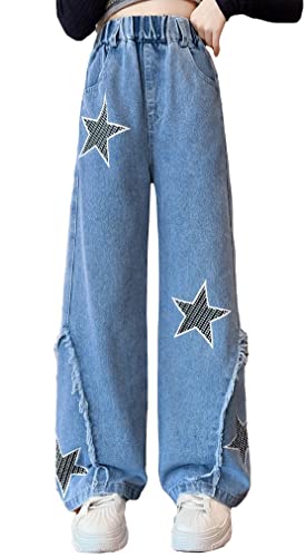 Mädchenjeans Fünfzackiger Sternendruck Lockere Weite Beine Gerade Baggy Denim Hosen Hoher Elastischer Bund Vintage Jeans Retro Style Gewaschene Hose mit Taschen für Kinder Blau Alter 11-12 Jahre von Panegy