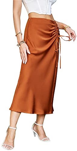 Maxi Bleistiftrock Hochtaillierter Rock für Frauen Seidiger Lässiger Elastischer Satin Midirock Eleganter Sommer Maxirock mit Kordelzug Midirock Orange S von Panegy