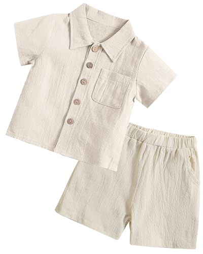 Panegy 2Pcs Baby Boy Sommer Kleidung Set Kurzarm Top Shorts Outfit Kleinkind Button Down Shirts mit Shorts Solid Leinen Baumwolle T-Shirt und Shorts Beige 12-18 Monate von Panegy