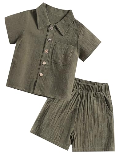 Panegy 2Pcs Baby Boy Sommer Kleidung Set Kurzarm Top Shorts Outfit Kleinkind Button Down Shirts mit Shorts Solid Leinen Baumwolle T-Shirt und Shorts Grün 3-4 Jahre von Panegy