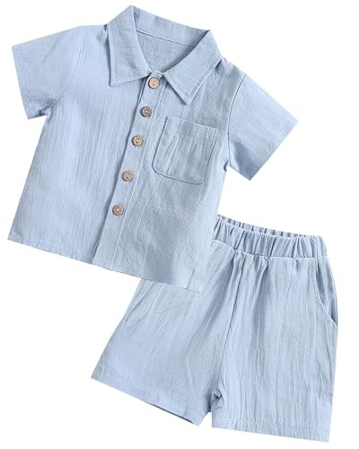 Panegy 2Pcs Neugeborenes Baby Jungen Kleidung solide Leinen Baumwolle Pole T-Shirts mit Shorts Kleinkind Sommer Outfits kurze Ärmel Button Down Shirts Shorts Set Blau 12-18 Monate von Panegy