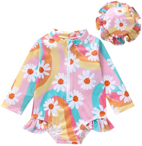 Panegy Baby Mädchen Einteiler mit Sonnenkappen Floral Bedruckt Sonnenschutz Schnell trocknender Badeanzug Ausschlagschutz Neoprenanzug Sommer Bademode 0-6 Monate von Panegy