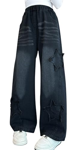 Panegy Baggy Ripped Jeans für Mädchen High Waisted Wide Leg Denim Hosen Teen Kids Lose Washed Jeans mit Taschen Casual Bootcut Hosen Schwarz 12-13 Jahre von Panegy