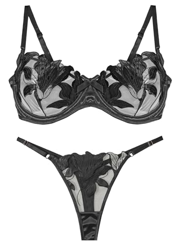 Panegy Bestickte transparente Dessous für Damen, sexy BH- und Höschen-Sets, Push-Up, Boudoir-Jubiläum, Schwarz, Größe L Panegy Bestickte transparente Dessous für Damen, sexy BH- und Höschen-Sets, Push-Up, Boudoir-Jubiläum, Schwarz, Größe L von Panegy