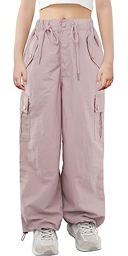 Panegy Cargo-Hose Mädchen Verstellbare hohe Taille Gerades weites Bein Baggy Cargo-Hose mit Mehreren Taschen Lässige lose Vintage Jogger Kinder Fit Fallschirmhose Streetwear Grunge Rosa 6-7 von Panegy