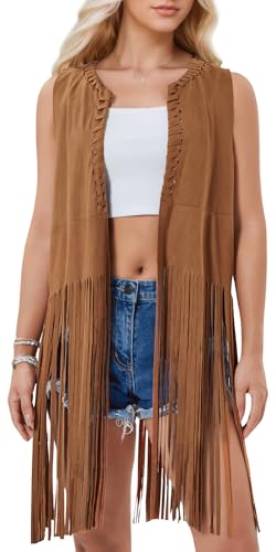 Panegy Cowgirl Western Tops 70er Hippie Kunstwildleder Fransenjacke Cardigan Damen Quaste Ärmellose Weste Braun Medium von Panegy