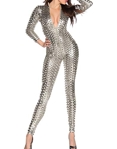 Panegy Damen Catsuit mit Loch-Struktur aus Lackleder Reizvoll und Sexy Jumpsuit mit Reißverschluss - Silber Größe M von Panegy