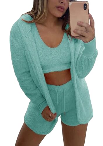 Panegy Damen Fuzzy-Fleece-Crop-Top-Shorts-Set, warme, weiche Nachtwäsche, Pyjama-Set, leichtes Pyjama-Set, XX-Large, Grün von Panegy