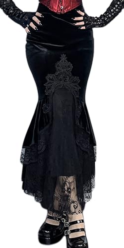 Panegy Damen High Waist Flare Gothic Mini Schwarz Faltenrock Kleid Vintage Samt Party Club Röcke Medium von Panegy