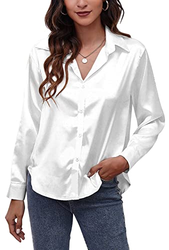 Panegy Damen Langarmshirts Satin Bluse V-Ausschnitt Lässige Oberteile Elegant Glänzende Seide wie Revershemden für Damen Büro Arbeit Business Hochzeit Abendgarderobe Weiß XXL von Panegy