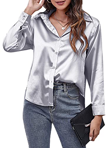 Panegy Damen Satin Blusen Langarmshirts V-Ausschnitt Tops Seidenartige Front Knopf Revers Hemden für Damen für Büro Arbeit Business Hochzeit Abend Party Silber L von Panegy