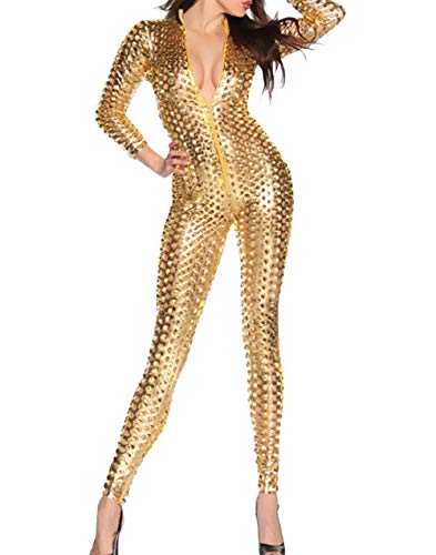 Panegy Damen Sexy Catsuit All-Over Muster mit Löchern 3/4 Arm Bodysuit Charmante Lederoverall - Gold Größe L von Panegy