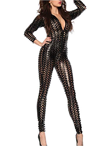 Panegy Damen Sexy Catsuit All-Over Muster mit Löchern 3/4 Arm Bodysuit Charmante Lederoverall - Schwarz Größe L von Panegy