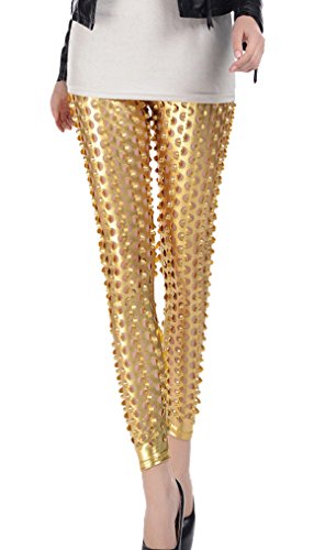 Panegy Damen Sexy Elastische Leggings Strumpfhosen Imitation Leder -Fischschuppe Loch Gold Farbe von Panegy