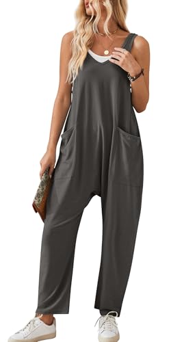 Panegy Damen Stricklatzhose ärmellos weites Bein Jumpsuit mit Tasche Sommer Casual Strappy Overalls Loose Fit Playsuits Boho Rompers Dunkelgrau M von Panegy