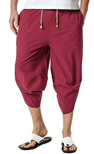 Panegy Harem Bermuda Hose Herren Kordelzug Kurze Sommerhose Atmungsaktiv Leinen Shorts mit Tasche von Panegy