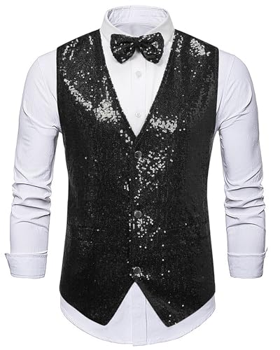 Panegy Herren Ärmellos Jacke mit Pailletten Weste mit Fliege Set Festival Karneval Disco Shiny Vest Herstellergröße L/DE Größe M-L-B-Schwarz von Panegy