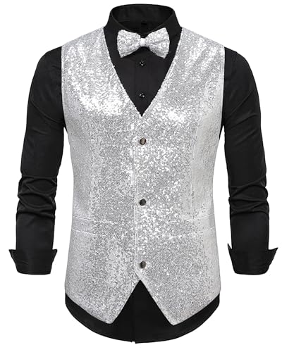 Panegy Herren Ärmellos Jacke mit Pailletten Weste mit Fliege Set Festival Karneval Disco Shiny Vest Herstellergröße L/DE Größe M-L-B-Silber von Panegy