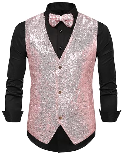 Panegy Herren Ärmellos Jacke mit Pailletten Weste mit Fliege Set Festival Karneval Disco Shiny Vest Herstellergröße M/DE Größe S-B-Rosa von Panegy