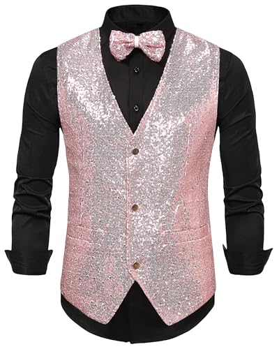 Panegy Herren Ärmellos Jacke mit Pailletten Weste mit Fliege Set Festival Karneval Disco Shiny Vest Herstellergröße XL/DE Größe XL-B-Rosa von Panegy