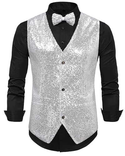Panegy Herren Ärmellos Jacke mit Pailletten Weste mit Fliege Set Festival Karneval Disco Shiny Vest Herstellergröße XL/DE Größe XL-B-Silber Panegy Herren Ärmellos Jacke mit Pailletten Weste mit Fliege Set Festival Karneval Disco Shiny Vest Herstellergröße XL/DE Größe XL-B-Silber von Panegy