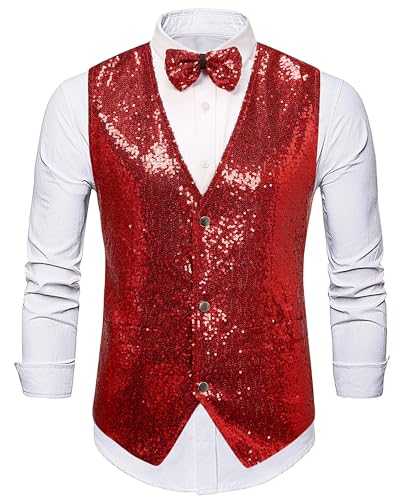 Panegy Herren Ärmellos Jacke mit Pailletten Weste mit Fliege Set Festival Karneval Disco Shiny Vest Herstellergröße XXL/DE Größe XXL-B-Rot von Panegy
