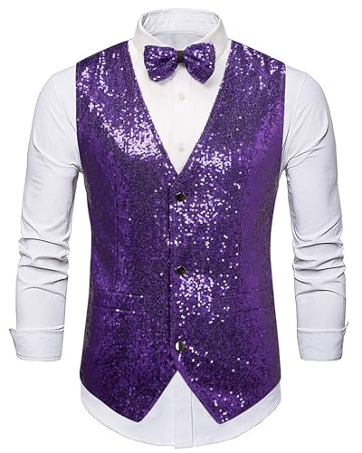Panegy Herren Ärmellos Jacke mit Pailletten Weste mit Fliege Set Festival Karneval Disco Shiny Vest Herstellergröße XXL/DE Größe XXL-B-Violett von Panegy