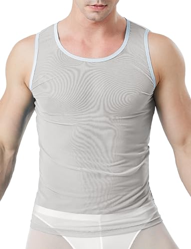 Panegy Herren Ärmellos Unterhemd Durchsichtiges Tanktop Muskelshirt Transparent Top Sommer T-Shirt Nachtclub Grau XL von Panegy