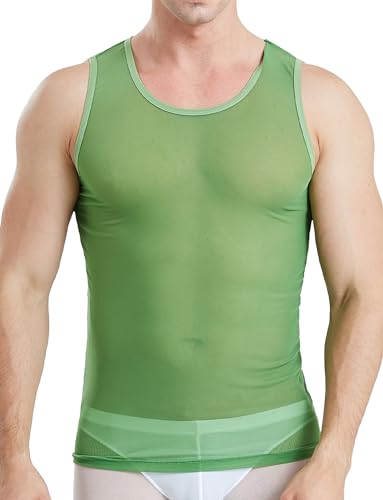 Panegy Herren Ärmellos Unterhemd Durchsichtiges Tanktop Muskelshirt Transparent Top Sommer T-Shirt Nachtclub Grün XL von Panegy