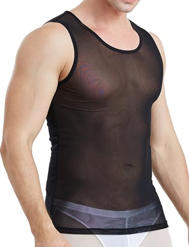 Panegy Herren Ärmellos Unterhemd Durchsichtiges Tanktop Muskelshirt Transparent Top Sommer T-Shirt Nachtclub Schwarz XL von Panegy
