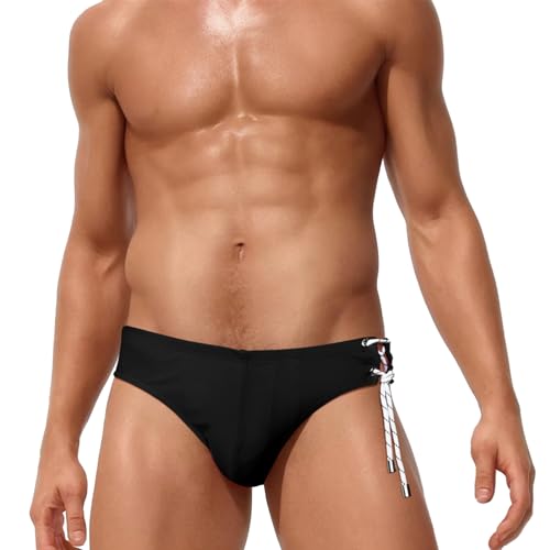 Panegy Herren Badeslip Sommer Kurz Badehose mit Tunnelzug Schwimm Bademode Jungen Wassersport Slip Bikini Hersteller XXL/EU-Größe XL-Schwarz von Panegy