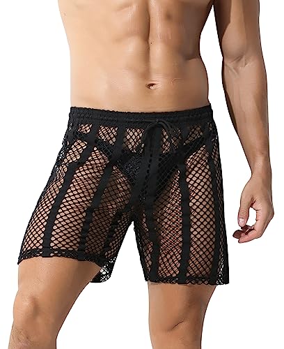 Panegy Herren Fischnetz-Leggings Hose & Shorts Mesh Kordelzug Lose Lounge Hose Badeshorts, Shorts Schwarz, Groß von Panegy