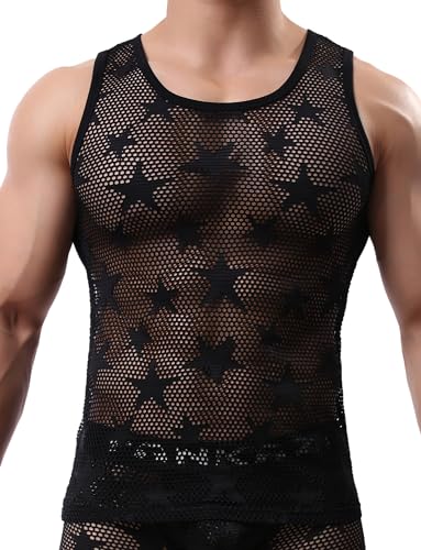 Panegy Herren Fischnetz Unterhemd Ärmellos Netzhemd Muskel Top Transparent Tanktop Sexy Slim Fit Strand Shirts Clubwear Schwarz M von Panegy