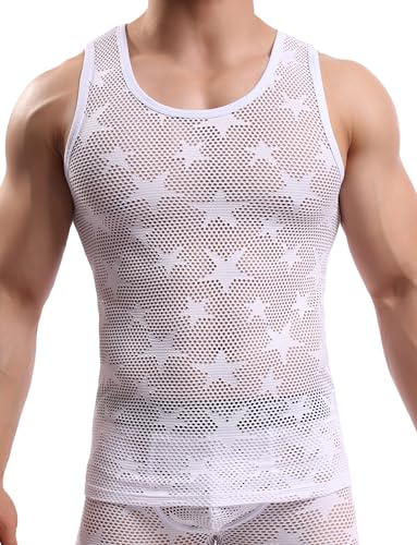 Panegy Herren Fischnetz Unterhemd Ärmellos Netzhemd Muskel Top Transparent Tanktop Sexy Slim Fit Strand Shirts Clubwear Weiß XL von Panegy