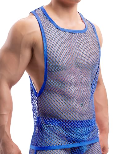 Panegy Herren Fischnetz Unterhemd Netzhemd Muskel Top Sexy Mesh Reizwäsche Transparent Tanktop Strand Shirts Clubwear Blau M von Panegy