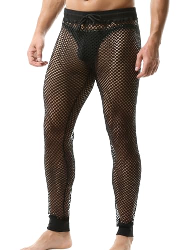 Panegy Herren Fischnetzhose Muskel Netzhose Transparent Hose Durchsichtige Mesh Leggings mit Kordelzug Größe S-Schwarz von Panegy