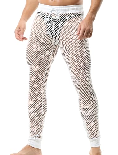 Panegy Herren Fischnetzhose Muskel Netzhose Transparent Hose Durchsichtige Mesh Leggings mit Kordelzug Größe XL-Weiß von Panegy