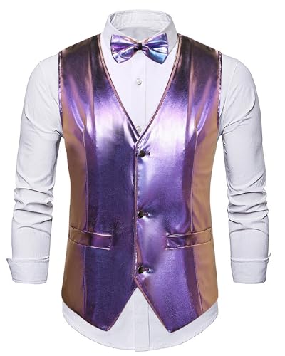 Panegy Herren Glitzer Weste Glänzende Pailletten Anzug mit Fliege Set V-Ausschnitt Anzugweste Festlich Kostüm Herstellergröße L/DE Größe M-L-A-Violett von Panegy