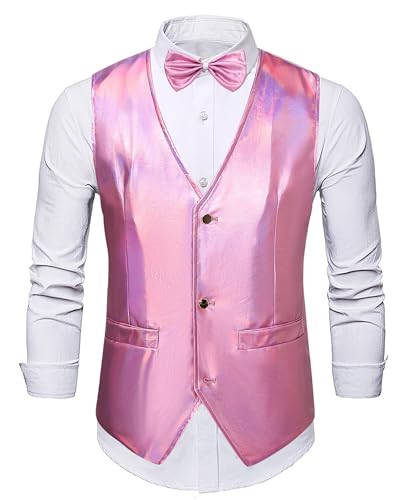 Panegy Herren Glitzer Weste Glänzende Pailletten Anzug mit Fliege Set V-Ausschnitt Anzugweste Festlich Kostüm Herstellergröße XL/DE Größe XL-A-Rosa von Panegy