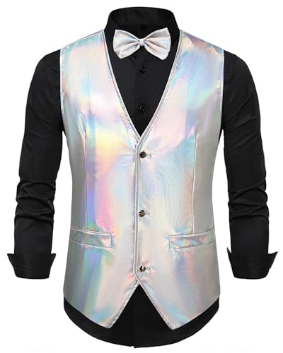 Panegy Herren Glitzer Weste Glänzende Pailletten Anzug mit Fliege Set V-Ausschnitt Anzugweste Festlich Kostüm Herstellergröße XL/DE Größe XL-A-Silber von Panegy