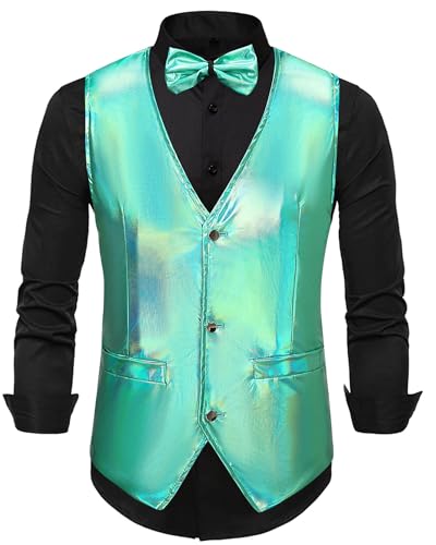 Panegy Herren Glitzer Weste Glänzende Pailletten Anzug mit Fliege Set V-Ausschnitt Anzugweste Festlich Kostüm Herstellergröße XXL/DE Größe XXL-A-Grün von Panegy